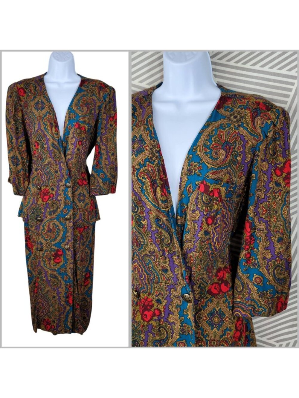 Vintage 80s Suit Dress Plus size 18 Sheath Peplum Floral Royalcore Teal Purple